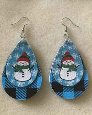 Snowman Leather Earrings Blue